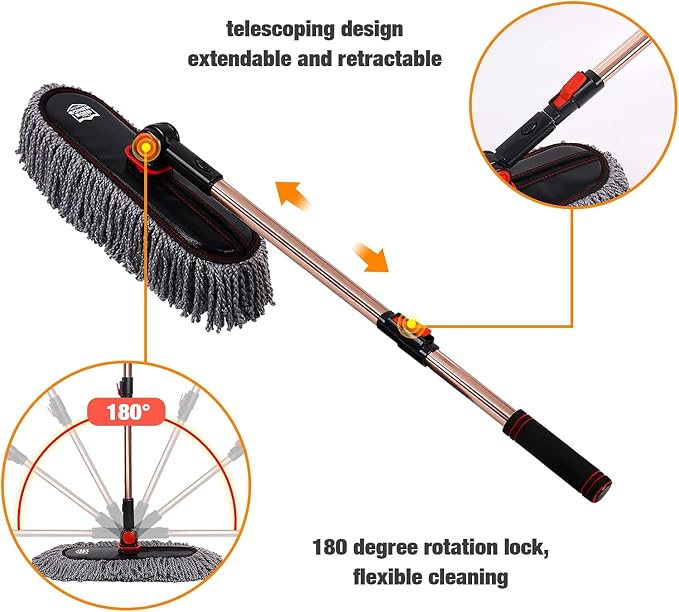 Car Duster Exterior Scratch Free with Extendable Handle,Wax Cotton Hair Car Brush Kit, Auto Detailing Brush for SUV,RV,Truck and Motorcycle,No Lint, Gifts for Men Women