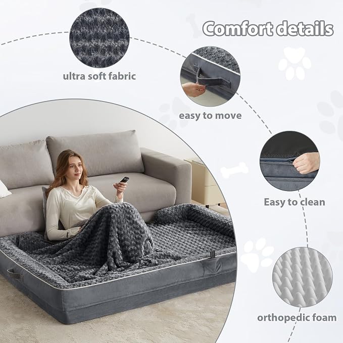 WNPETHOME Human Dog Bed for People Adults, Washable Faux Fur Nap Bed Adult Oval for People, Calming Human Size Giant Dog Bed Fits Pet Families with Storage Pocket Grey