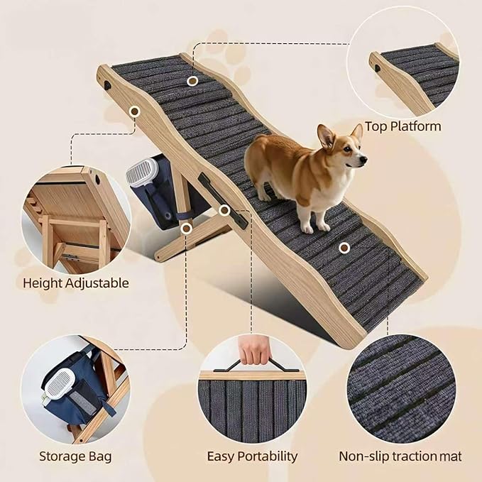 Dog Ramp for High Bed with Wave Design, Adjustable Height Pet Ramp 19"-26", Heavy Duty Dog Ramp for Couch Sofa, Portable Pet Stairs with Storage Bag & Non-Slip Pad for Medium Dogs