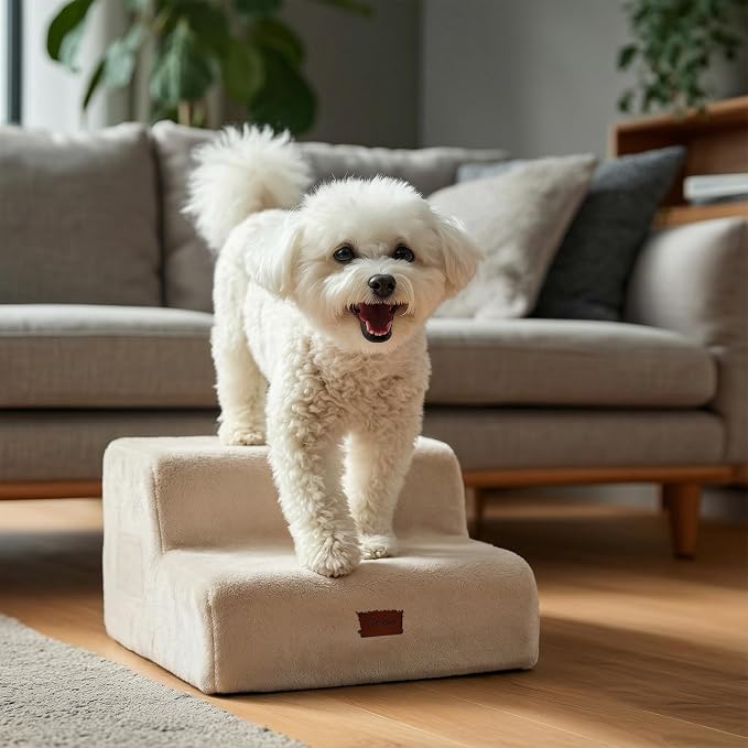 PETNOVO Ultra-Soft Faux Fur Dog Stairs for Couch and Sofa, 2-Step Dog Steps for Small Dogs, Non-Slip Foam Pet Stairs, Washable Cover, 15.7" D x 15.7" W x 11.8" H, Off-White