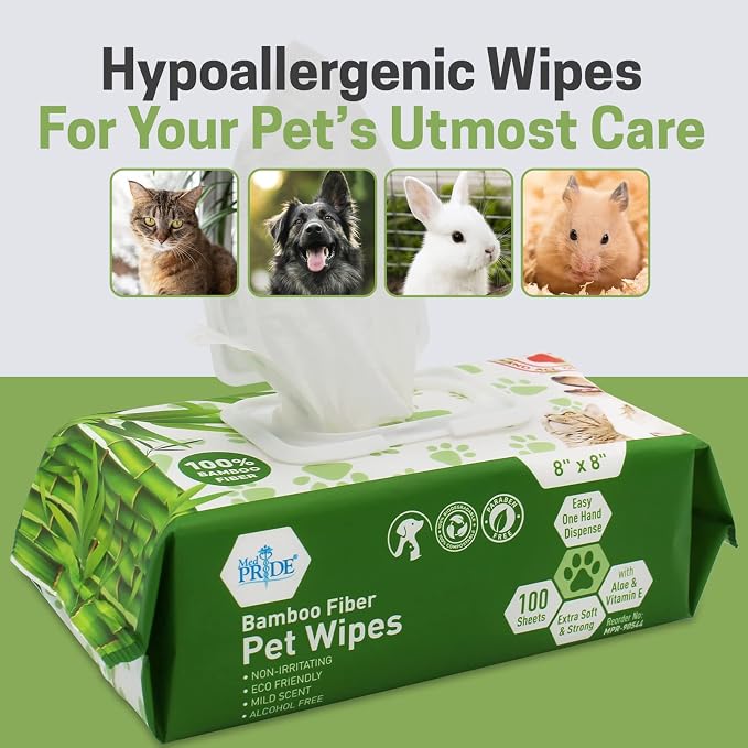 MED PRIDE Bamboo Fiber Dog Wipes for Paws and Butt, Hypoallergenic Paw Wipes, Biodegradable, XL 8in X 8in, Aloe Vera & Vitamin E (Pack of 100 Wipes)