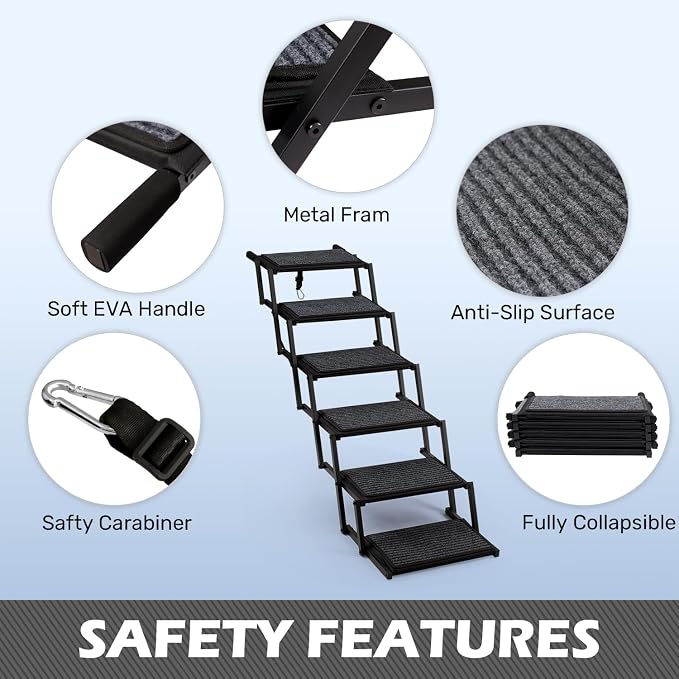 Dog Steps for Car, Truck and SUV - Foldable Pet Stairs for Large Dogs with Non-Slip Rug Surface, Lightweight Dog Ramp Holds Up to 250lbs, 6 Steps
