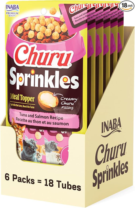 INABA Churu Sprinkles for Cat, Soft & Chewy Churu Filled, Baked Chicken Cat Treat Meal Topper with Vitamin E and Green Tea Extract, 1.05 oz. per Pack, 18 Packs Total, Tuna and Salmon Recipe