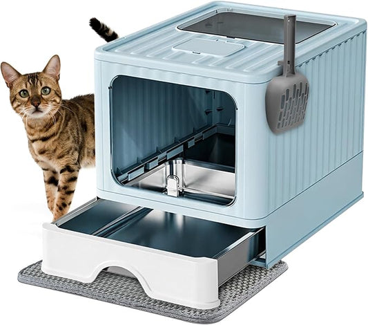 Stainless Steel Cat Litter Box With Lid, Top & Front Entry Enclosed Metal Litter Box, Large Covered Drawer Type Foldable Cat Litter Pan With Litter Scoop & Mat, Easy to Clean,Odor Control (Blue)