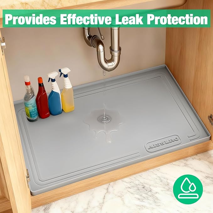 Aisslro Under Sink Mat 31" X 22", Waterproof Silicone Under Sink Mats for Kitchen, Anti-Leak Shelf Liner & Cabinet Protector with Raised Edge, [BPA Free] Bathroom Tray Home Organizer, Gray