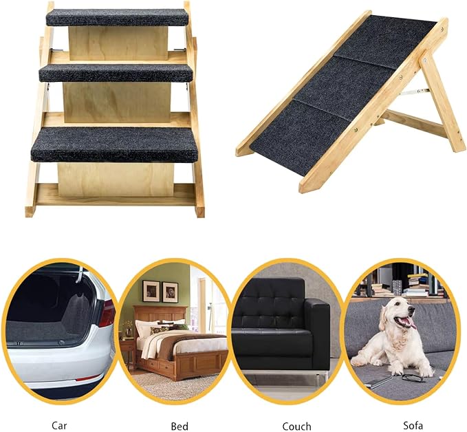 Wood Pet Stairs/Steps, 2-in-1 Foldable Dog Steps for Bed, Sofa, Couch and Cars, 3 Levels Dog/Cat Ladder & Ramp for Small Medium Large Pet, Wooden Frame Support Up to 110 lbs, Light Yellow