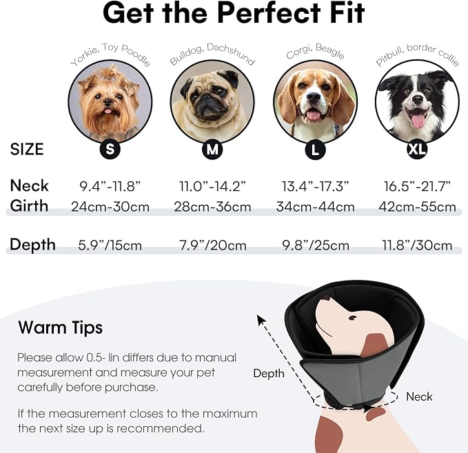 Queennmore Soft Recovery Cone for Small Dogs & Cats,Adjustable Comfy Dog Cone Alternative for Post-Surgery Wound Healing,BlackGrey,S