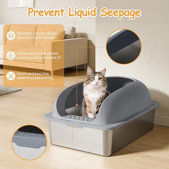 Extra Large Cat Litter Box with Lid, Stainless Steel Cat Litter Box with Scoop and Mat, High Walls for Anti-Urine Leakage, Easy Cleaning, Dark Gray