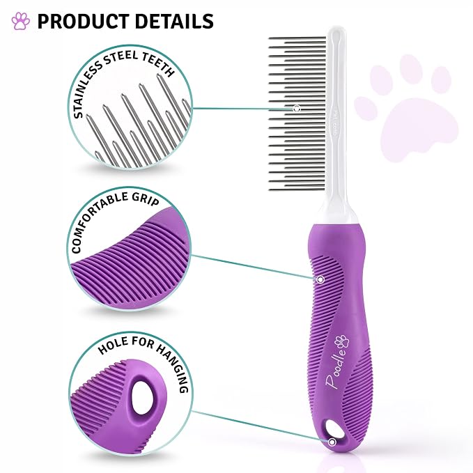 Poodle Pet Bundle - Dematting Fur Rake Comb Brush Tool with Steel Safety Blades and Detangling Pet Comb with Long and Short Stainless Steel Teeth for Detangling Matted or Knotted Undercoat Hair