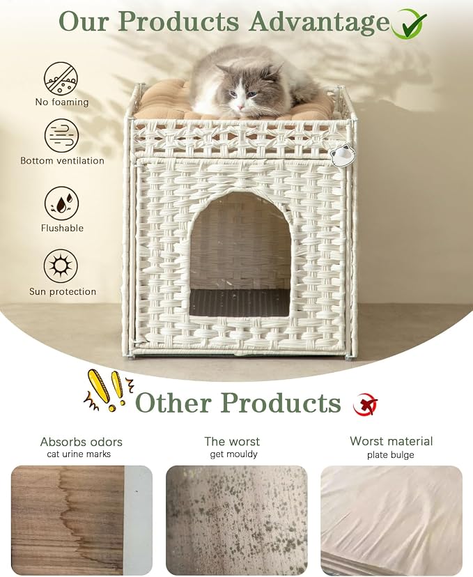 SETVSON Cat Litter Box Enclosure Furniture, Hidden Litter Box with Mat and Fence, Handwoven Rattan Cat House with Two S-Shaped Hooks for Living Room, Bedroom, 18.5 x 20.5 x 19.1 Inches (White