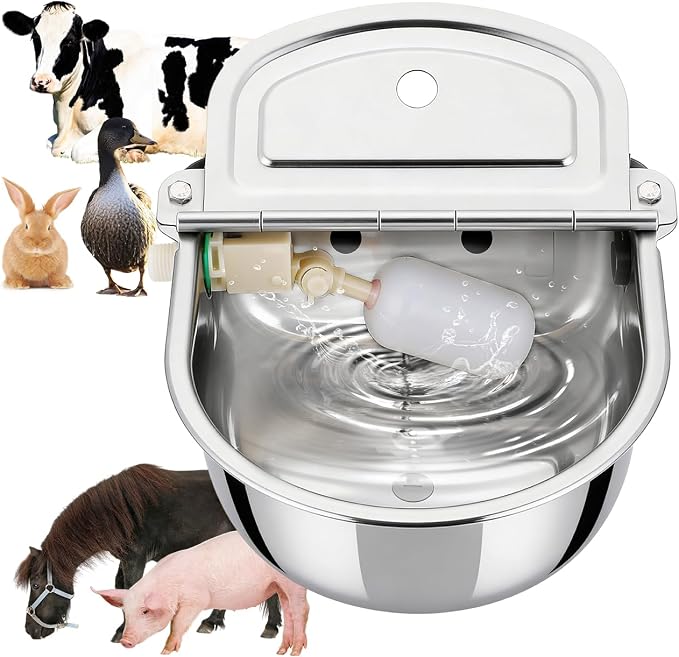NYXOVA Automatic Animal Drinking Water Bowl, 304 Stainless Steel Livestock Waterer with Float Valve for Horse, Cattle, Goat, Sheep, Pig and Dog（with Drainage Hole）