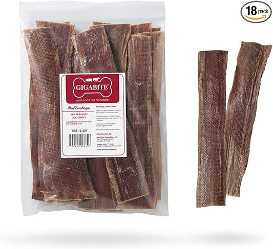 GigaBite Beef Esophagus Dog Treats - Natural Gullet Sticks for Dogs, High Protein Single Ingredient Dog Chews, Rawhide Free Dental Dog Treats for All Dog Breeds - Strips (10 inch), Pack of 18
