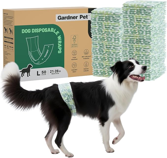 Gardner Pet Male Dog Diapers Disposable 50 Ct, Male Dog Wraps with Wetness Indicator & Flashdry Gel Technology, Dog Diapers Male for Puppy Training, Marking, Incontinence, Travel - Large