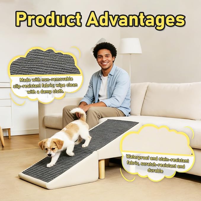 Split Ottoman Dog Ramp for Couch & Bed, 2-in-1 Foldable Dog Stairs with Non-Slip Surface, Solid Wood Pet Ramp for Small & Senior Dogs, Gentle 23° Incline, Modern Furniture Style