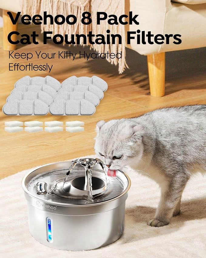 Veehoo 8 Pack Replacement Filters & 8 Pack Pre-Filter Sponges Set for 135oz 304 Stainless Steel Cat Water Fountain, 4 Months Set of Replacement Filters for Cat Fountain
