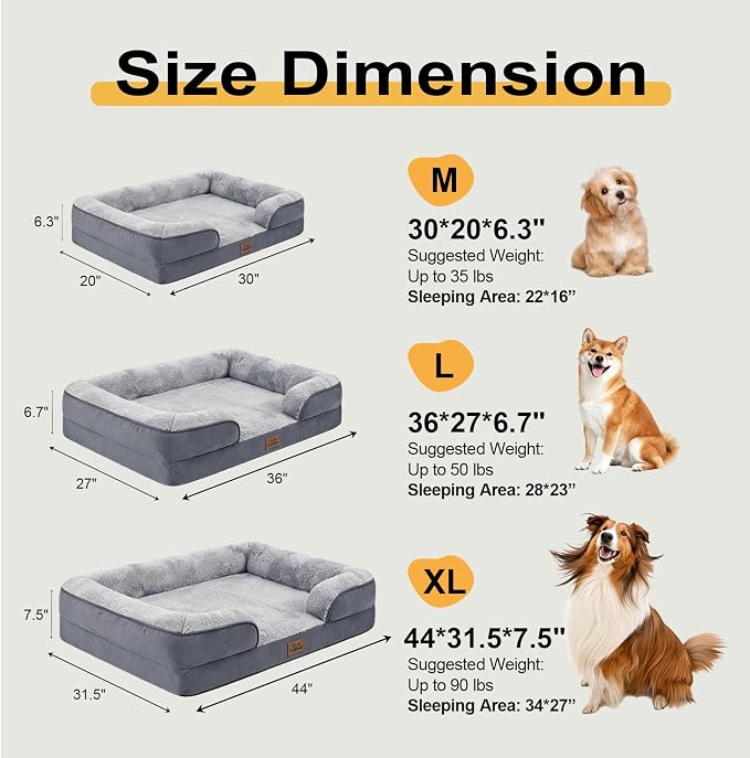 Orthopedic Dog Bed for Extra Large Dogs - Gel Memory Foam Pet Bed with Waterproof & Washable Cover, Contoured Bolster Design for Dogs & Cats (Grey, 44.0" L x 31.5" W x 7.5" Th)