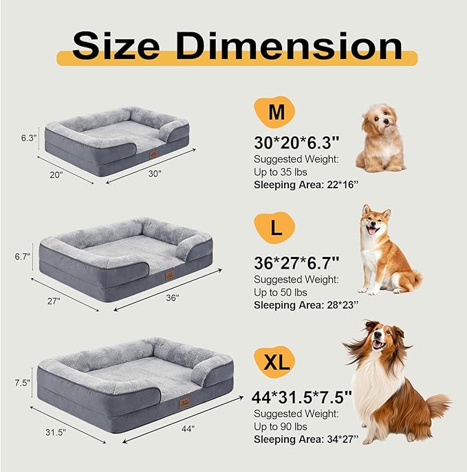 Orthopedic Dog Bed for Large Dogs - Gel Memory Foam Pet Bed with Waterproof & Washable Cover, Contoured Bolster Design for Dogs & Cats (Grey, 36.0" L x 27.0" W x 6.7" Th)