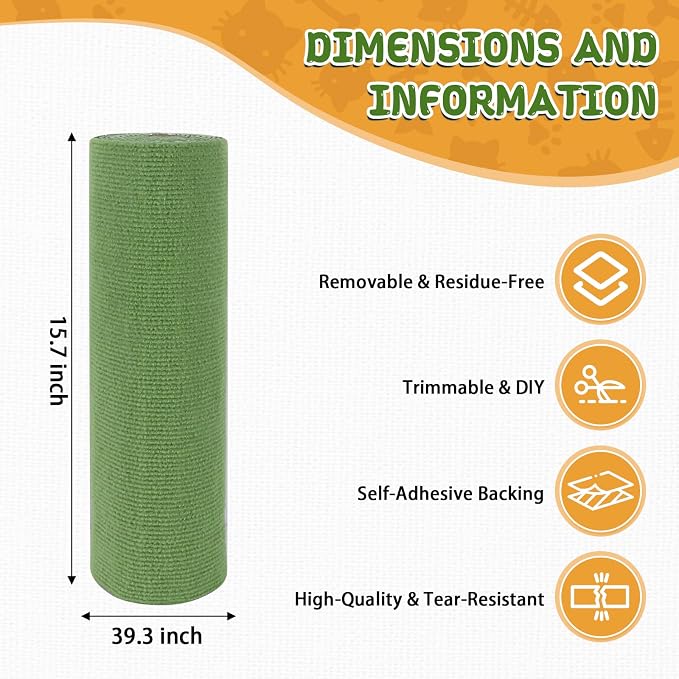 Climbing Cat Scratcher Mat Trimmable Cat Scratching Post Carpet 39.3’’x15.8’’ Self Adhesive Carpet Mat Pad Replacement for Cat Tree Shelves Post Couch Wall Furniture Steps DIY Protector (Green)