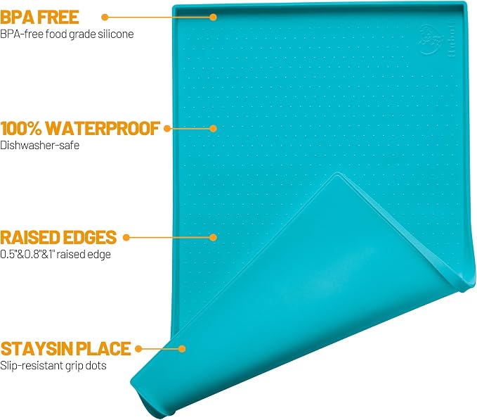 Hubulk Dog Feeding Mat,100% Waterproof BPA Free Silicone Pet Food and Water Bowl Placemat,Dishwasher, High Raised Edge to Prevent Spills,Nonslip Tray to Stop Messes on Floor (24"x16"x0.5", Teal)
