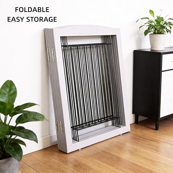 ZJSF Freestanding Dog Fence Indoor, Foldable Dog Gate for Doorways, Stairs or Hallways, Sturdy Wood Extra Wide Pet Gate with Support Feet for The House, Grey, 24 "Height-6 Panels