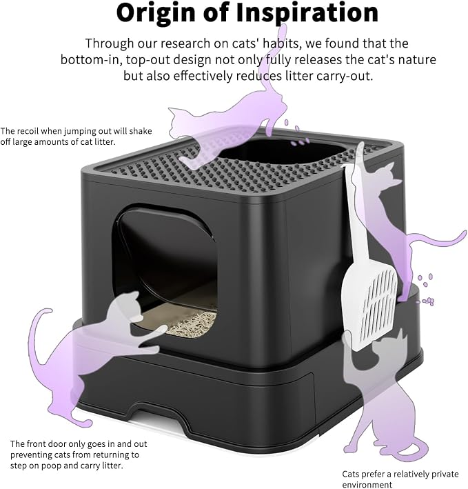 RIZZARI Stainless Steel Cat Box: All Black Covered Design with High Sides to Prevent Leaks - Easy-Clean Drawer & Non-Stick Coating for Odor Control - Dual Entry with Top Exit - Bathroom Garage