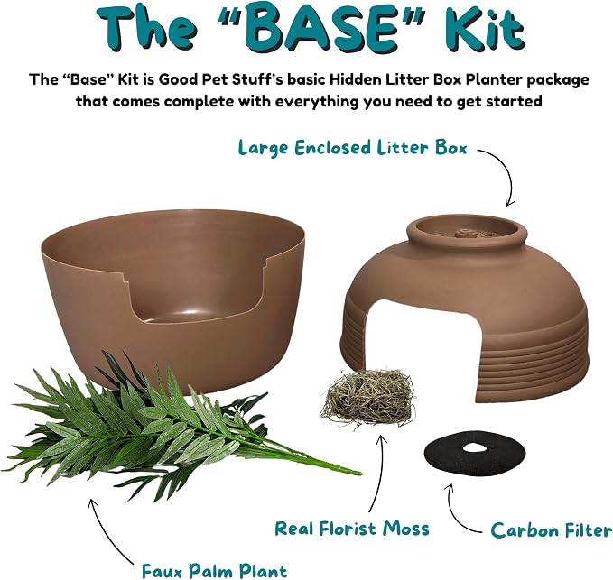 Good Pet Stuff Original Hidden Litter Box Planter, Decorative Cat Litter Enclosure, Carbon Filter, Faux Plant, Round Design, Easy To Clean, Base Kit, Palm Plant, Terracotta Brown