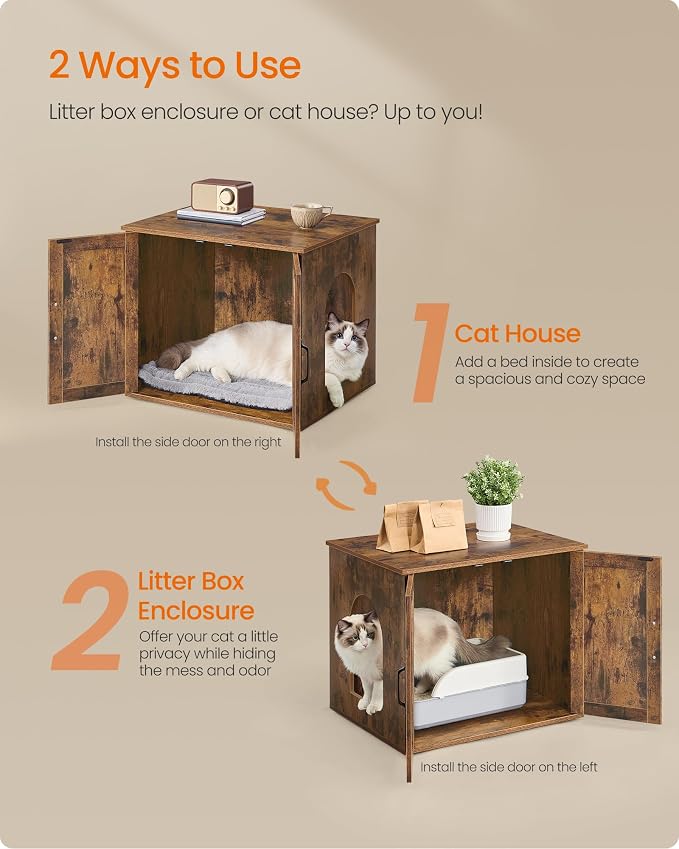 Feandrea Cat Litter Box Enclosure, Hidden Litter Box Furniture, Indoor Pet House End Table, 23.6 x 19.7 x 19.7 Inches, Rustic Brown UPCL042L101