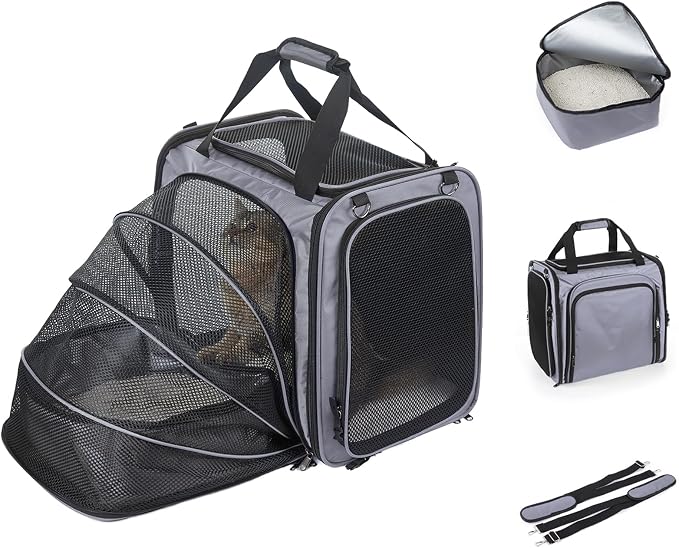 Large Cat Carrier with Litter Box, Expandable Cat Carrier for Car Travel, 17.3"x16.2"x13" Soft-Sided Pet Carrier, Collapsible Pet Carrier for Car Travel with Lockable Zippers for Medium Large Cat