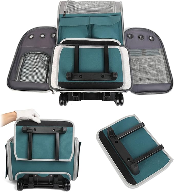 Cats Rolling Carrier with Wheels, Foldable Dog Travel Carrier Backpack Luggage Bag,Cats,Puppies Travel Bag Trolley with Mesh Ventilation Windows, Storage Pockets