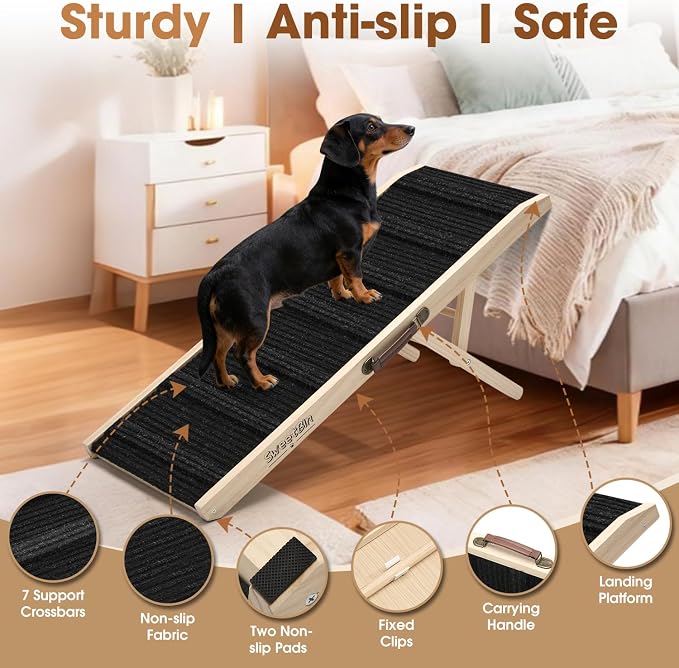 Dog Ramp for Bed - Foldable Small Medium Dog Ramp for Couch - 6 Adjustable Height from 13" to 22" - Stairs with High Traction Mat& Platform - Wooden Ramp for Dogs to Get on Bed Couch Car Up to 110LB