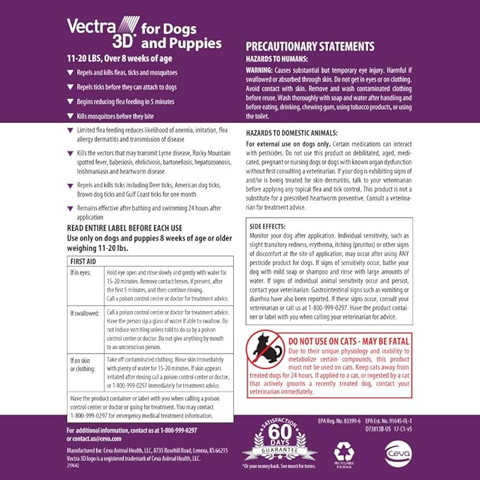 Vectra 3D Flea and Tick Prevention for Dogs, Kills and Repels Fleas, Ticks & Mosquitoes | Fast‑Acting, Waterproof, No Prescription Needed | Small Dogs 11-20 lbs, 6‑Month Supply