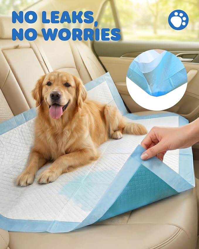 Powools Puppy Pads - XL 34'' x 28'' Dog Training Pads with Fast Absorb Core & Leak-Proof Backing, Quick-Dry Dog Pee Pads for Home, Travel & Crates, 60 Count