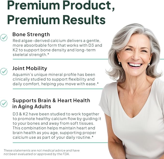 Organics Ocean Better Calcium - Organic Red Algae Calcium with Vitamin D3 and K2 Supplements - Supports Bone Structure, Joint Comfort & Encourages Healthy Aging - Plant-Based, Non-GMO - 1 Pack