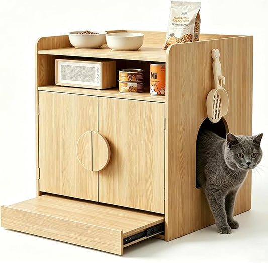 Cat Litter Box Enclosure with Pull-Out Drawer, Hidden Cat House Furniture with Storage Shelf & Cat Door, Indoor Kitty Washroom Cabinet with Litter Scoop Holder, Natural Wood