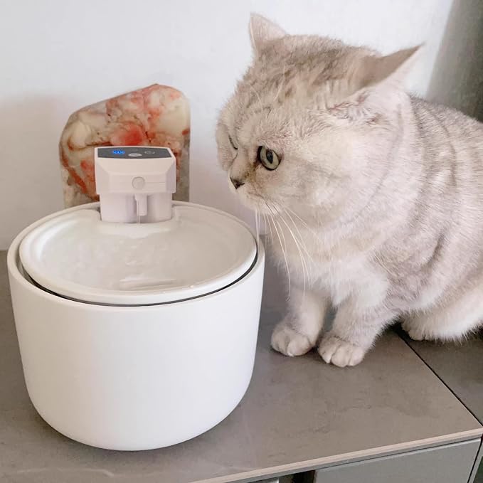 Cordless Ceramic Cat Water Fountain: 101.45oz/3L with 7 Filters Automatic Super Silent Intelligent Sensor Pet Drinking Dispenser with 2500mAh Battery Dog Water Bowl Dispenser (White)