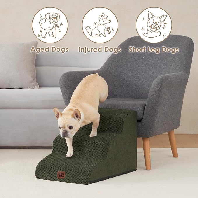 EHEYCIGA Curved Dog Stairs Ramp for Small Dogs 15.7" H, 3-Step Dog Steps for Couch Sofa and Chair, Pet Stairs for Cats, Non-Slip Balanced Pet Steps Indoor, Military Green