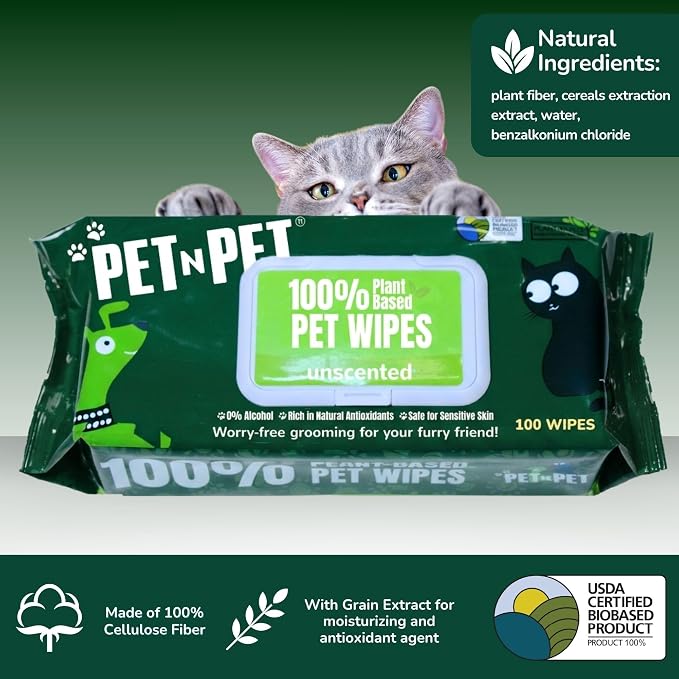Pet N Pet 100% Plant Based Dog Wipes for Paws and Butt, 100 Counts Hypoallergenic Unscented Dog Pet Wipes, 8" x 8"