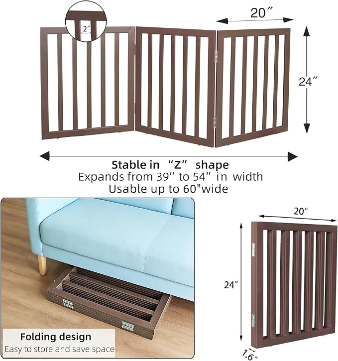 Dog Gate Indoor, Freestanding Dog Fence for The House, Doorways, Hallways,or Stairs,Pet Gate Foldable Wooden,Expandable 24" Height 3 Panels,Brown