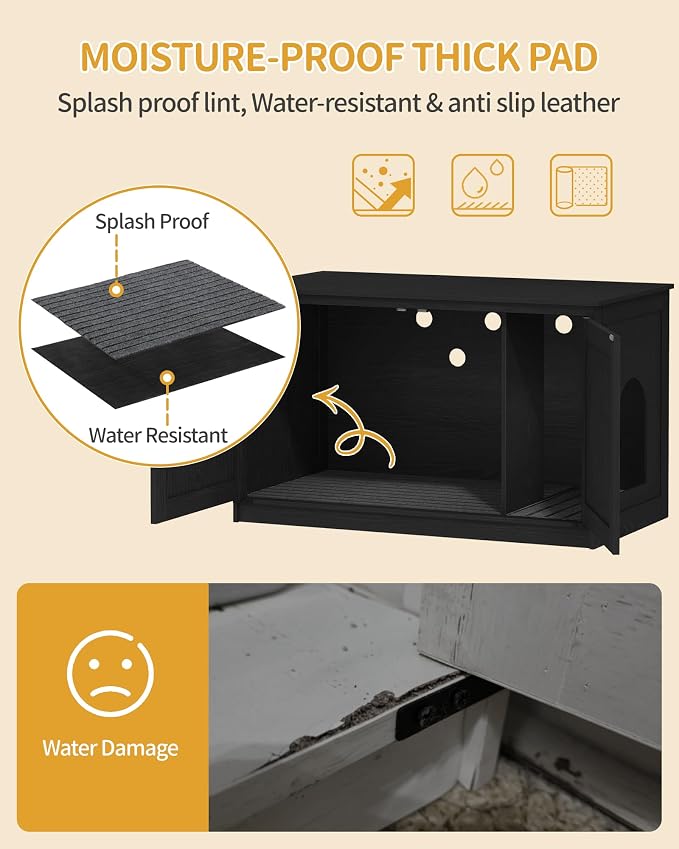 Hzuaneri Cat Litter Box Enclosure with Cushion, Hidden Litter Box Furniture with Removable Dividers, Reversible Entrance Left or Right Side, Cat House, Black CB84704X