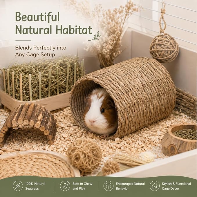 PEMAR Natural Seagrass Bunny Tunnel - Handwoven Rabbit Hideaway & Edible Grass House - Safe Chew Toy, Bed for Guinea Pigs, Chinchillas, Rats & Indoor Bunnies - Small Animal Enrichment (9x8.3x6.3”)
