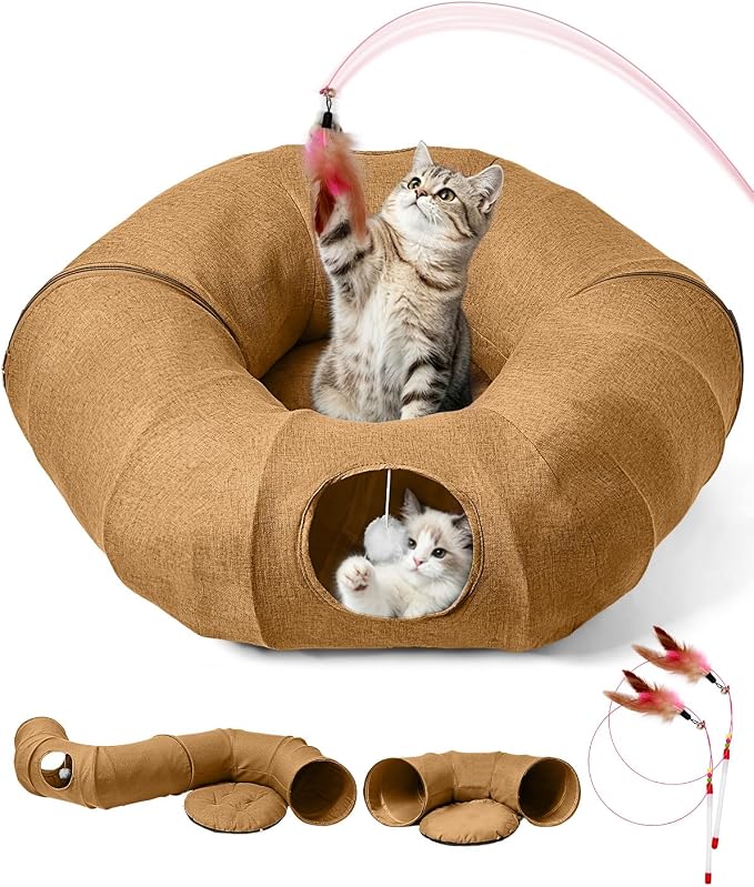 Odoland Cat Tunnels Bed for Indoor Cat with Interactive Cat Toys, Cat Tube with Washable Cushion for Small Large Cats, Round Pet Peekaboo Cave for Kitten, Adult Cats and Rabbit