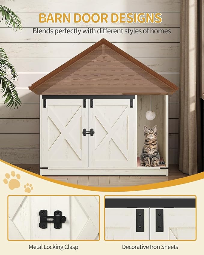Hzuaneri Cat Litter Box Enclosure, Hidden Litter Box Cabinet Furniture with Bell, Indoor Cats House, Farmhouse Style, 39.4 x 21.7X 24.8 Inches for Hallway, Bedroom, Rustic Brown and White CB85214X