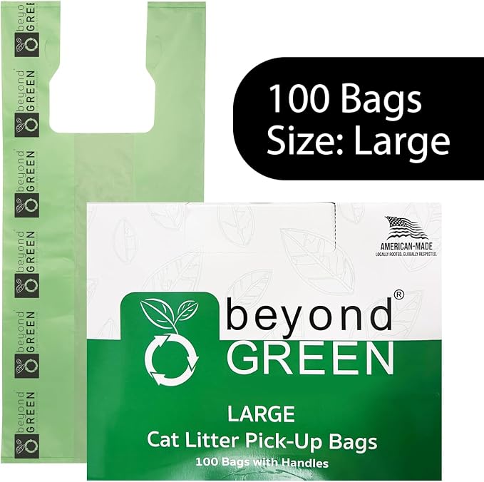 beyondGREEN Large Cat Litter Waste Bags with Handles, 100 Count – Green – 10" x 20" with 3.5" Gussets – Extra-Large, Strong Litter Clean-Up Bags