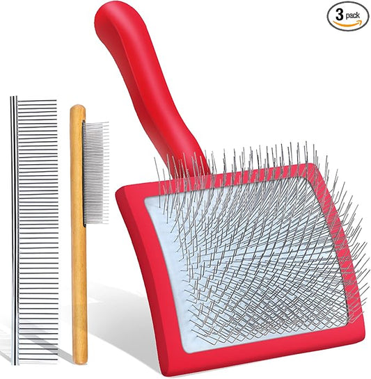 Large Slicker Brush for Dogs - 3-Piece Solid Wood Dog Grooming Kit for Doodles and Poodles - for Wavy, Curly & Matted Hair, Red