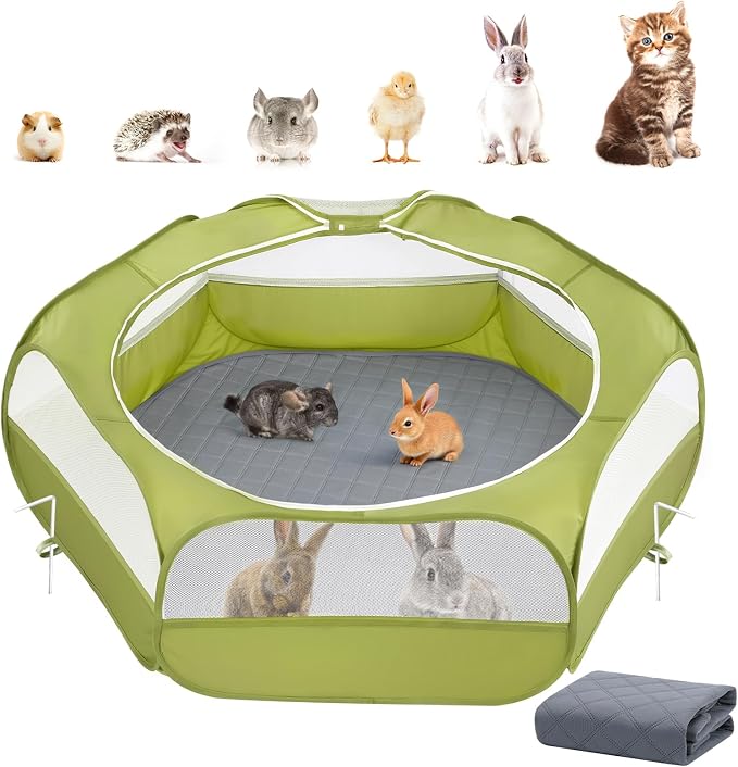 2-in-1 Small Animals Playpen with Pad, Waterproof Small Pet Cage Tent with Reusable Pad, Portable Outdoor Yard Fence with 3 Metal Rod for Chick/Kitten/Puppy/Guinea Pig/Rabbits/Chinchillas, Green+Gray