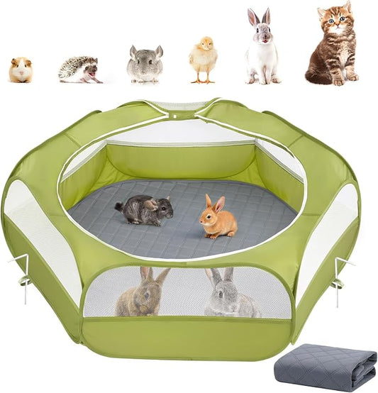 2-in-1 Small Animals Playpen with Pad, Waterproof Small Pet Cage Tent with Reusable Pad, Portable Outdoor Yard Fence with 3 Metal Rod for Chick/Kitten/Puppy/Guinea Pig/Rabbits/Chinchillas, Green+Gray