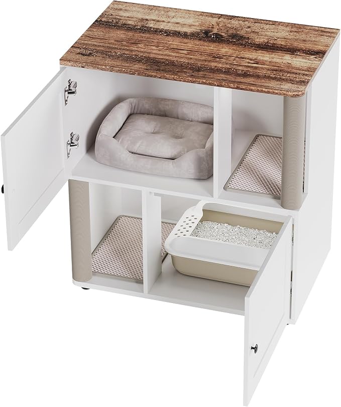 Double Cat Litter Box Enclosure, 2-Tier Hidden Litter Cabinet for 2 Cats, Space-Saving Wooden Cat Washroom with Built-in Scratching Post, Large Indoor Pet House Side End Table