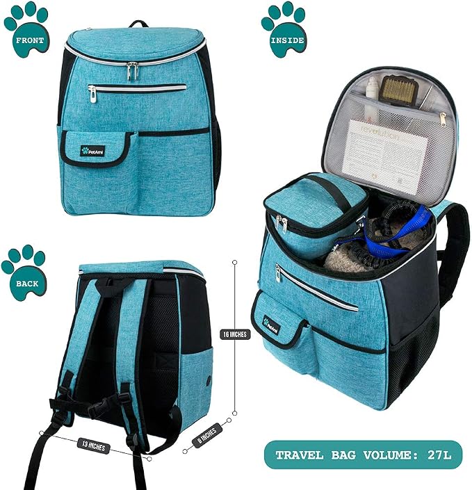 PetAmi Dog Travel Bag Backpack, 27L Airline Approved Pet Supplies Organizer with 2 Food Containers, 2 Collapsible Bowls & Poop Bag Dispenser, Weekend Road Trip Camping Dog Mom Gift, Teal Blue