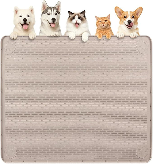 Dog Food Mat, Extra Large 40" x 40" Silicone Pet Feeding Mat with Raised Edge Pet Placemat for Small, Medium, and Large Pets Non-Slip, Easy to Clean (Khaki)
