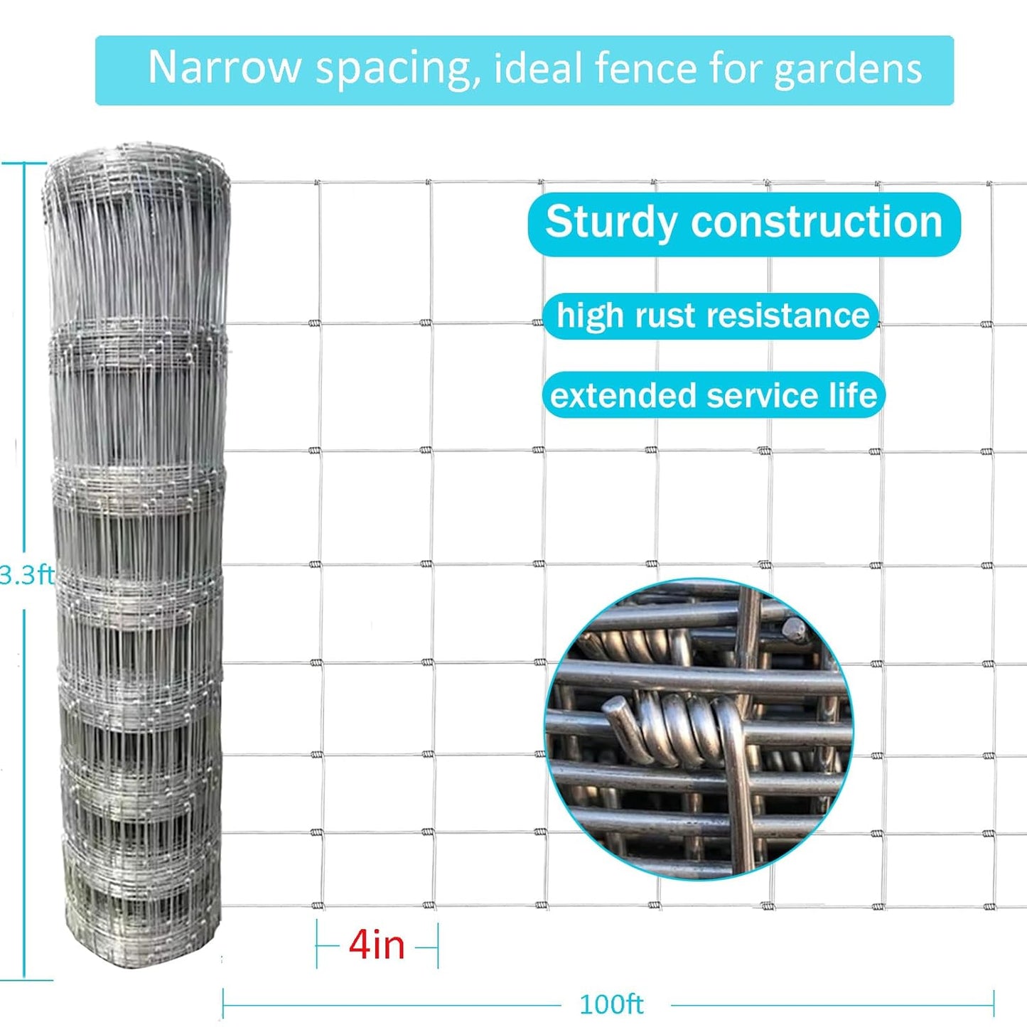 40in x 100ft Galvanized Wire Fence, Hog Goat Fencing Garden Fencing Roll, Heavy Zinc Coating Metal Wire Mesh for Yard Vegetable Plant Protection Poultry Netting
